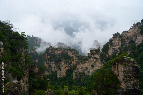 The intricate mountain mist in Zhangjiajie, a popular tourist destination in China.