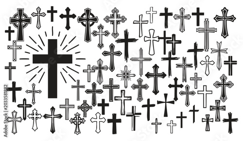Bild auf Leinwand Diverse Cross Collection: A striking visual compilation of various Christian cross designs, from simple to ornate, symbolizing faith, spirituality, and religious heritage