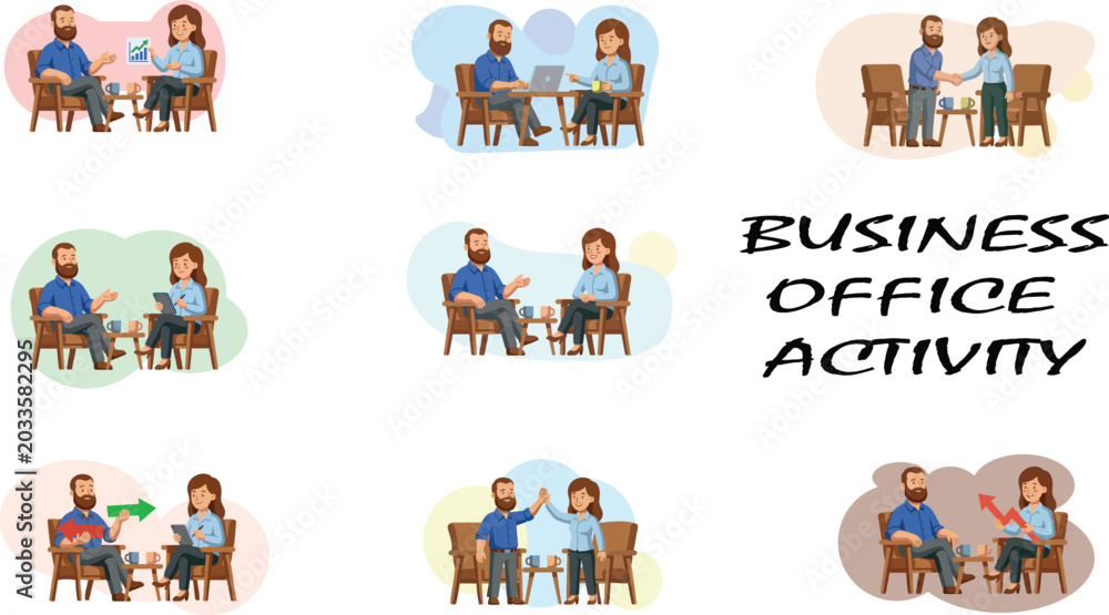 Fototapeta premium Business Office Activity A Collection of Illustrations Depicting Professional Interactions and Collaboration in a Workplace Setting