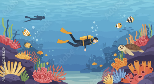 Foto Scuba divers explore vibrant coral reef ecosystem with marine life