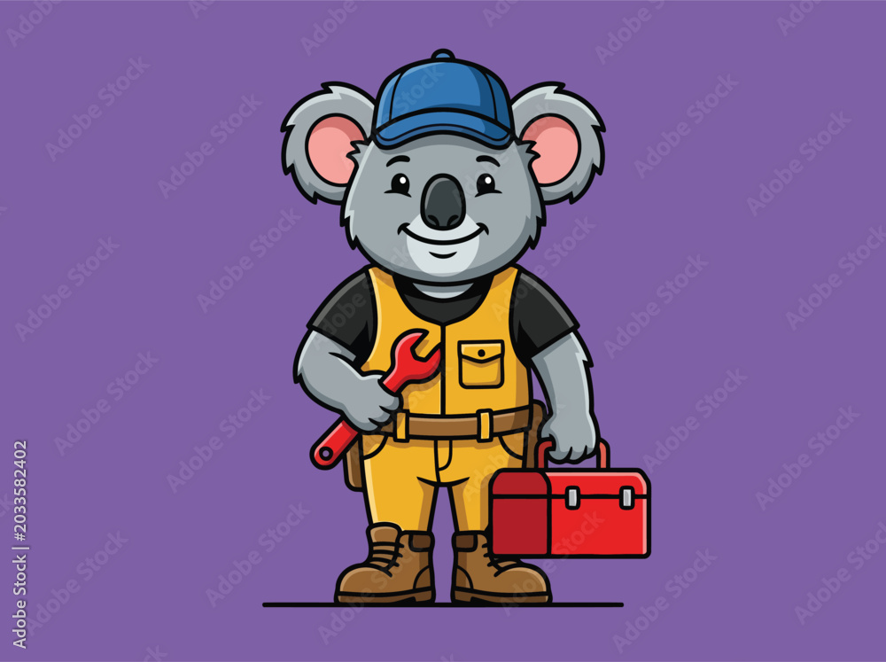 Fototapeta premium Friendly Koala Character Mascot Holding Wrench and Toolbox Handyman Repair Service Professional Maintenance Specialist Illustration