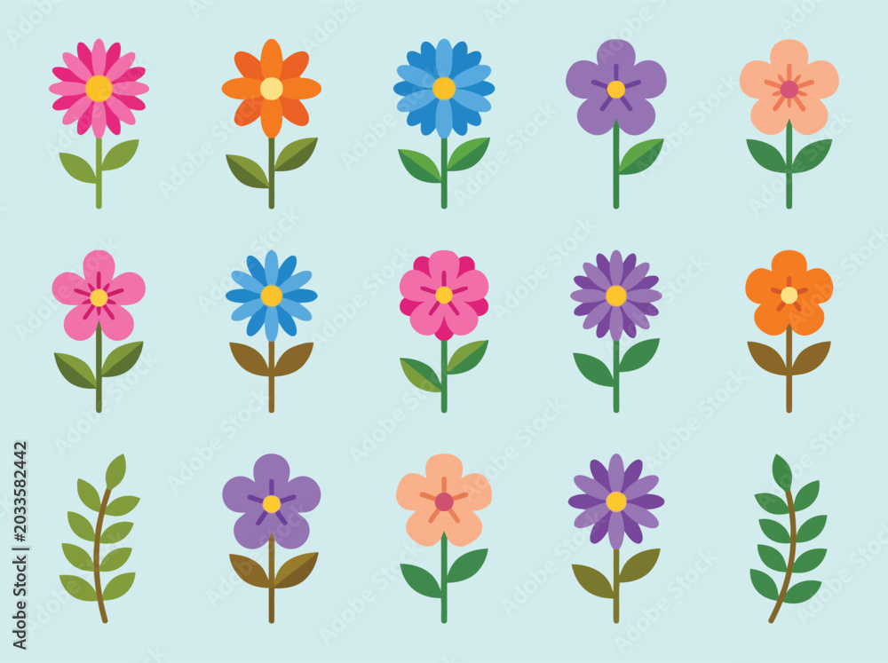 Obraz premium Colorful Flat Vector Flower Icons Collection with Green Leaves and Vibrant Petals Arranged for Spring Garden and Nature Graphic Design