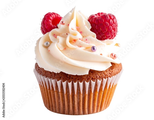 Sweet Vanilla Cupcake Topped with Raspberry and Frosting Isolated on White Background