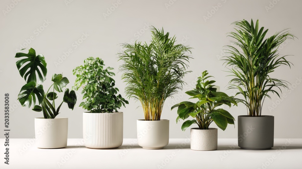 Obraz premium 3.Minimal botanical composition of various potted plants, isolated on white background, crisp lighting, clean modern style