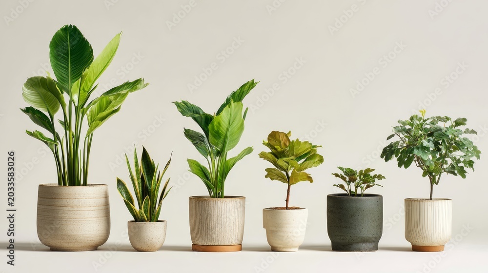Fototapeta premium 3.Minimal botanical composition of various potted plants, isolated on white background, crisp lighting, clean modern style