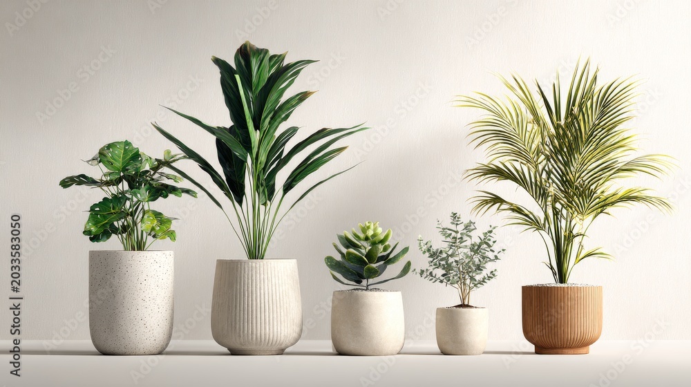 Fototapeta premium 3.Minimal botanical composition of various potted plants, isolated on white background, crisp lighting, clean modern style