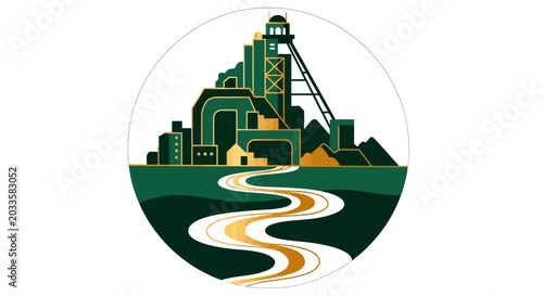 Illustrated Industrial Mining Operation with River and City.