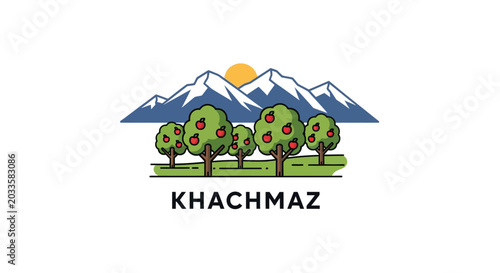 Colorful mountain and orchard logo illustration design.