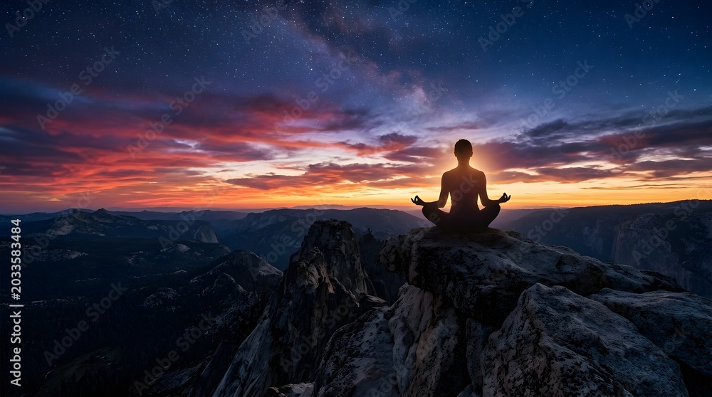 Obraz premium Serene Mountain Meditation at Sunrise: Wellness & Mindfulness Practice