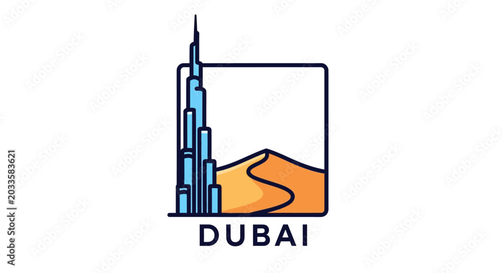 Fototapeta premium Illustrated Dubai Skyline with Desert Dunes and Iconic Tower.