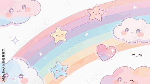 Cute Kawaii Rainbow Clouds and Stars Vector Illustration
