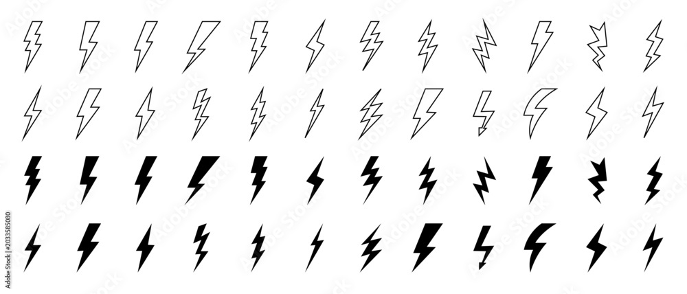 Obraz premium Lightning bolt vector icon set, black lightning icon designs on white background, Symbols of energy, power, electric storm, flash charge, ideal for web, print, logo design.