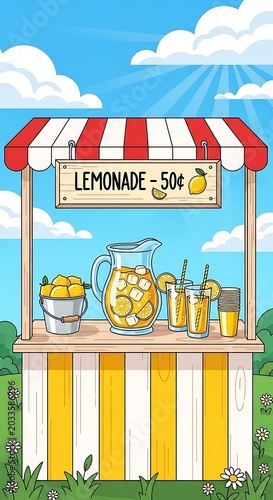 Colorful lemonade stand with vintage sign and cups.