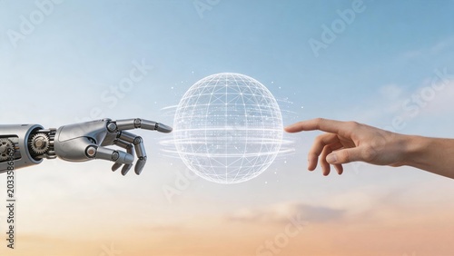 Robotic hand and human finger touching over hologram globe, artificial intelligence, future technology, connection between man and machine concept.