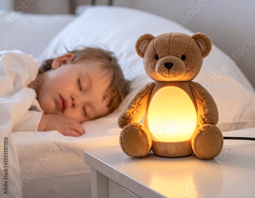 Sleeping Young Child Beside Glowing Teddy Bear Night Light in Cozy Bedroom