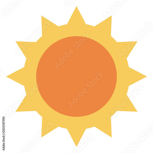 Bright sun icon with radiating rays and orange center. Symbol of warmth, summer days and sunny weather. Vector graphic for seasonal illustrations, nature concepts and positive energy designs