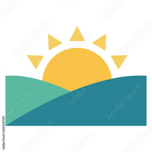 Yellow sun rising over teal hills. Simple landscape illustration of dawn breaking. Nature scene depicting morning light and new beginnings for seasonal and environmental visuals