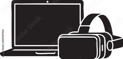 Laptop and virtual reality headset icon with technology, computer