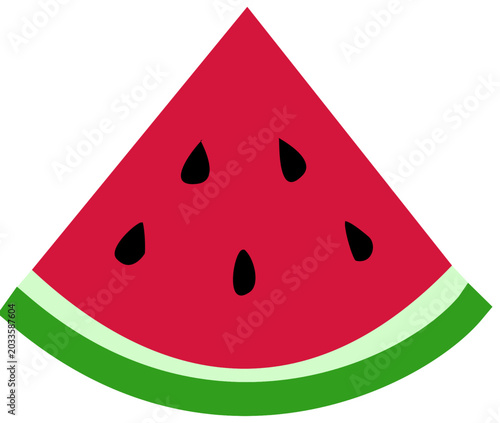 A vibrant graphic illustration of a slice of watermelon with black seeds on a white background.