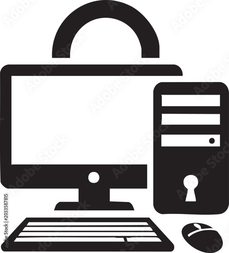 Computer workstation icon with a padlock and keyhole for security