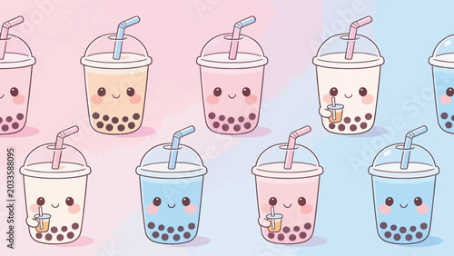 Kawaii Boba Tea Cups Pattern Vector Illustration