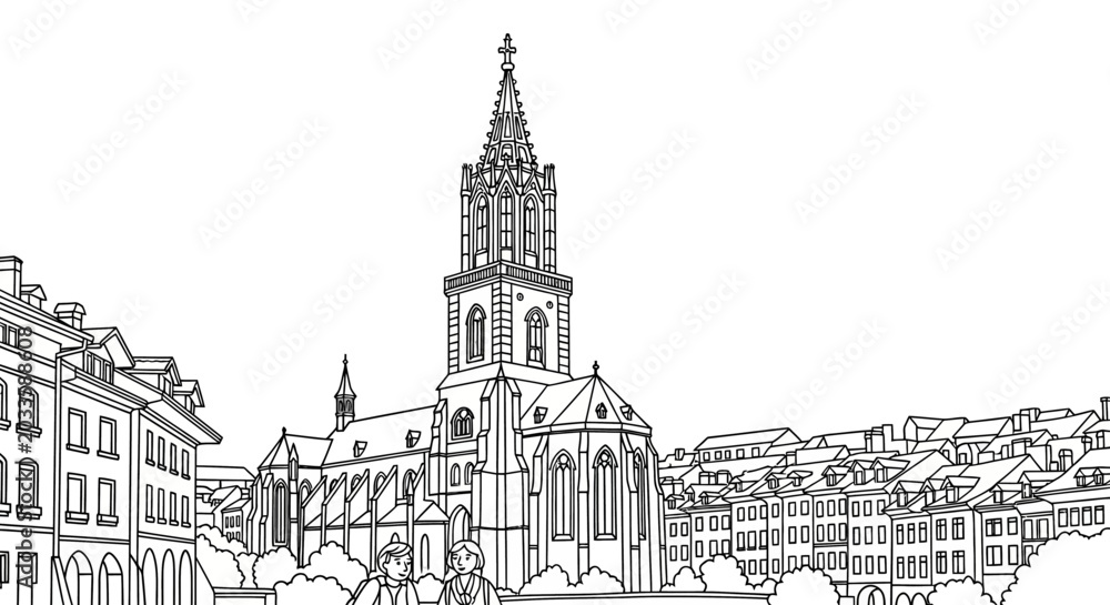 Fototapeta premium Detailed black and white illustration of historic church building.