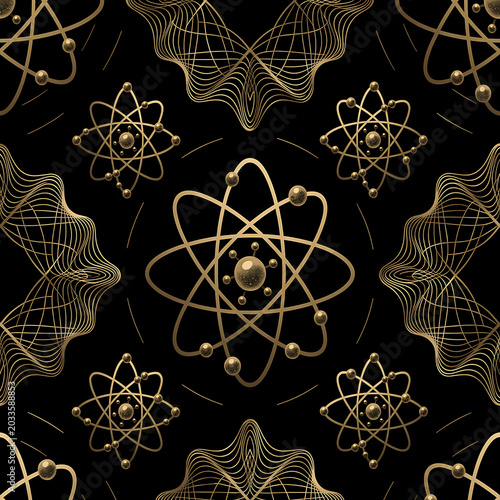 Luxury Quantum Atom Seamless Pattern in Gold and Black
