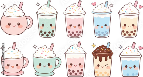 Kawaii Bubble Tea Drink Collection Vector Illustration