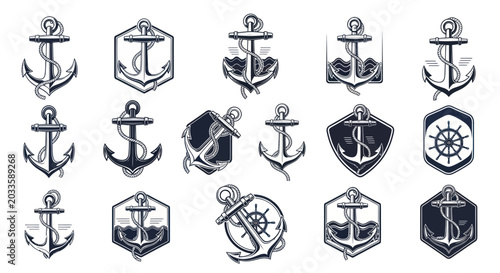 Quadro su tela Nautical Anchor Icons Set - Vintage Marine Symbols Collection