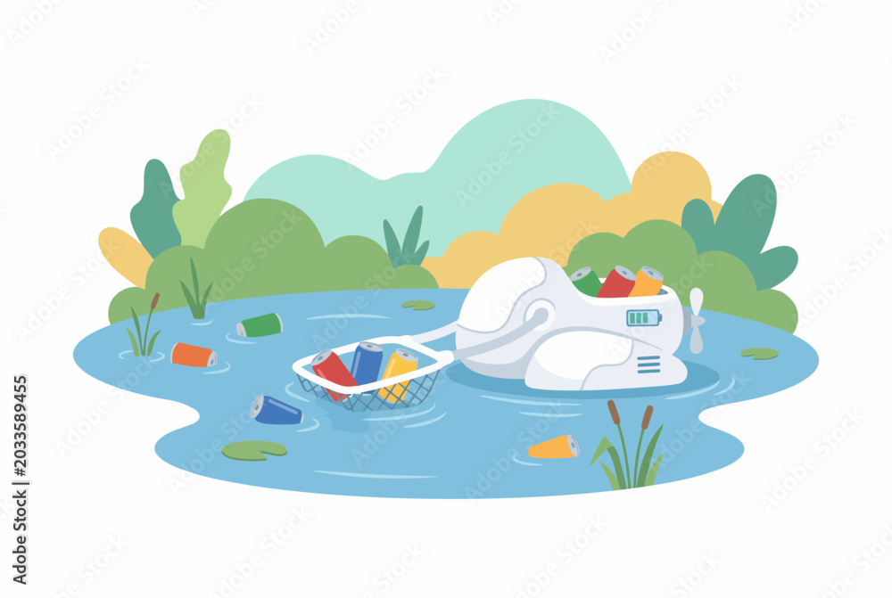Naklejka premium Autonomous Water Cleaning Robot Collecting Trash from Pond