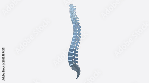 Detailed three-dimensional anatomical illustration of the human spine, showcasing the vertebral column's natural curvature and complex structure for medical education and clinical study