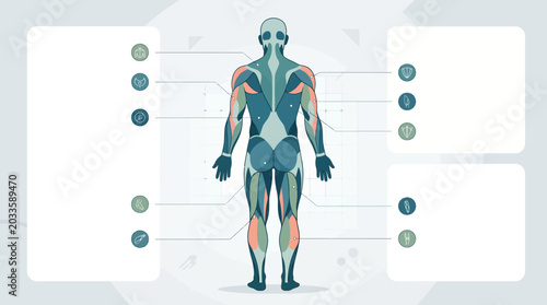 Flat vector illustration of the human muscular system, showcasing detailed anterior and posterior views with highlighted muscle groups and educational information