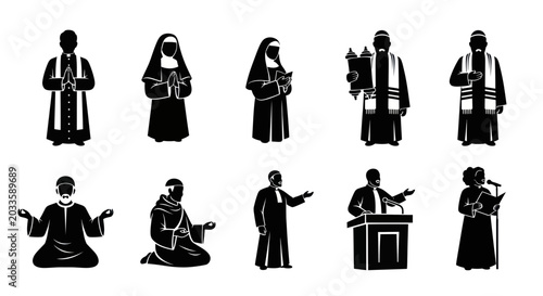 Canvastavla Diverse Religious Figures Silhouettes: Clergy, Nuns, Monks, Rabbi, Imam