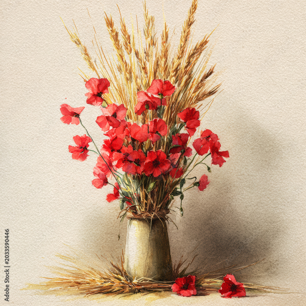 Obraz premium Vintage Botanical Bouquet of Red Carnations and Wheat on Rustic Paper. AI generative.