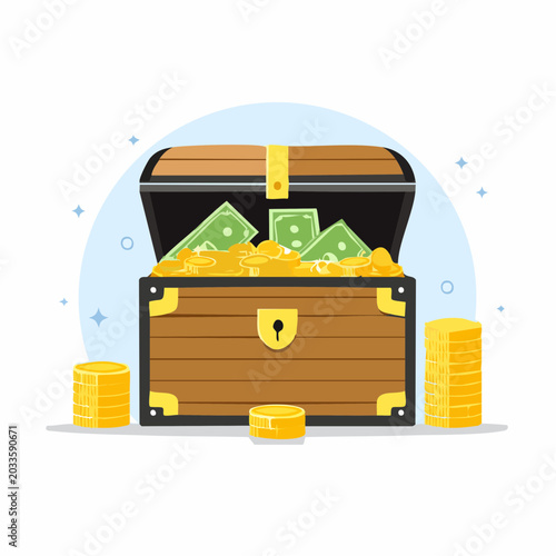 Treasure Chest Full of Money and Gold Coins
