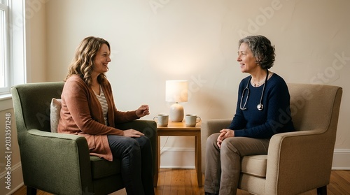 Two women, one a healthcare professional with a stethoscope, sitting in armchairs and conversing in a warm, well-lit consultation room.