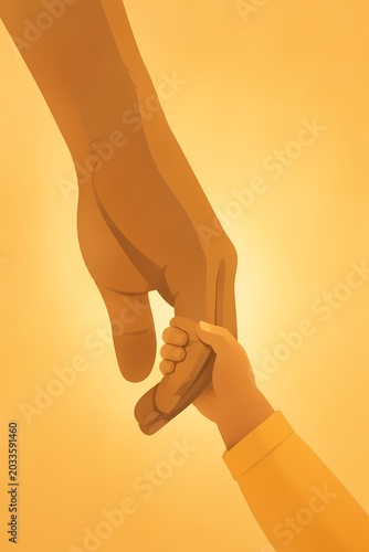 Minimalist Child Hand Holding Adult Finger Vector in Warm Gold