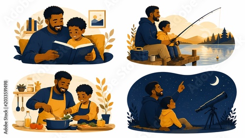 African American Father and Son Bonding Flat Illustration Set