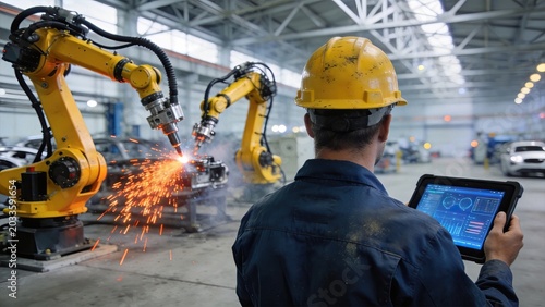 Engineer monitoring automated robotic arms welding car parts in modern smart factory using digital tablet for industrial control and manufacturing efficiency.