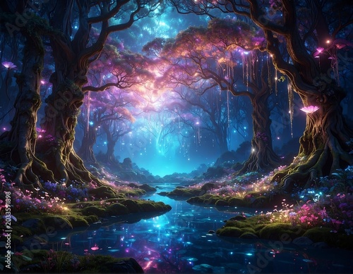 Glowing Enchanted Forest Framing a Luminous Stream at Night