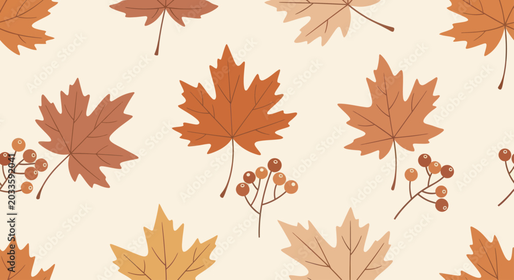 Fototapeta premium Autumn Maple Leaves and Berries Seamless Pattern.