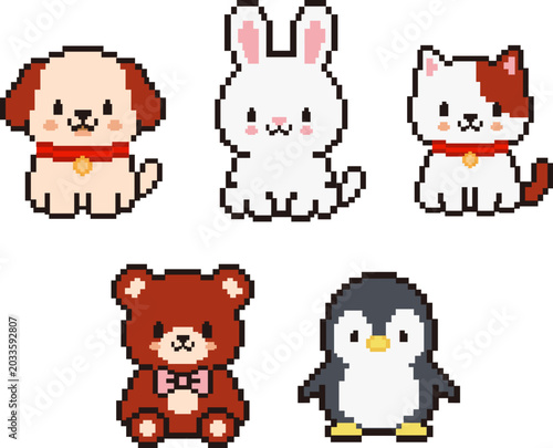 Pixel art cute animals collection, 8-bit retro gaming pet characters set