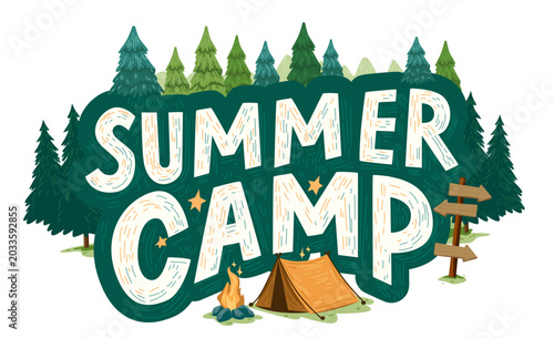 Summer camp forest tent campfire pine trees signboard outdoor adventure nature scene banner