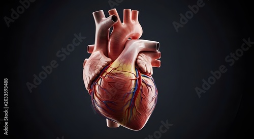 Detailed 3D medical illustration of human heart anatomy with vascular system on black background
