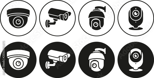 Set of CCTV Security Camera Icons, Black and White, Vector Illustrations