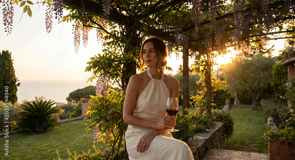 Fototapeta premium A woman sits on a stone wall in a garden, holding a glass of red wine. She is looking out towards the ocean as the sun sets, casting a warm golden light through the wisteria vines.