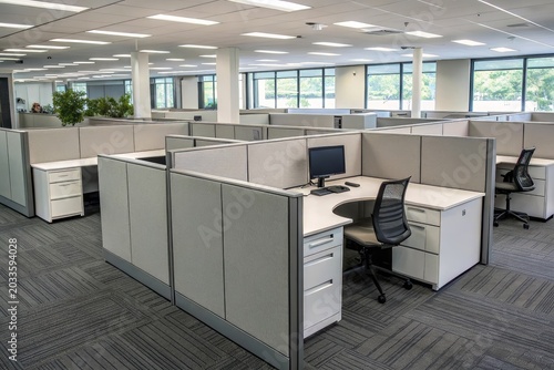 Modern office space with cubicles and desks