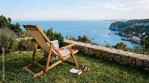 A medium-shot photo capturing a traditional teak wood folding deckchair with a beige fabric seat, positioned on a grassy terrace overlooking a calm blue sea