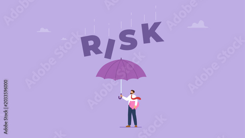 Confident man with umbrella standing under risk. Property and capital insurance, protecting against risk of losing saving, fund safety from financial crisis concept.