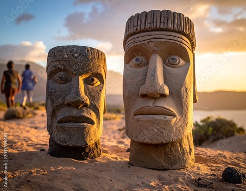 Ancient Stone Head Sculptures Standing on Sandy Beach at Sunset